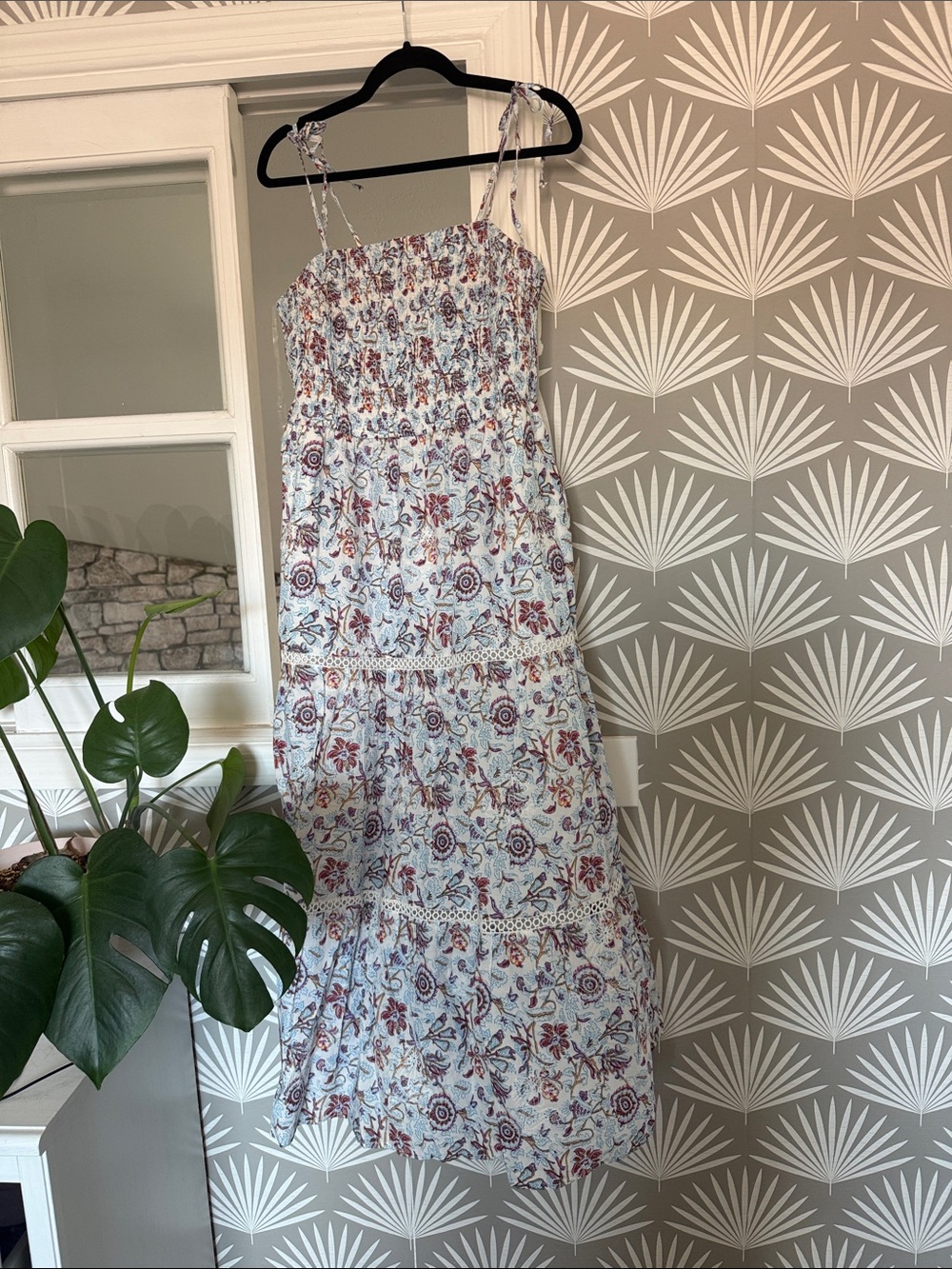 Roller Rabbit Light Blue Floral Tiered Maxi Dress with Burgundy Motif